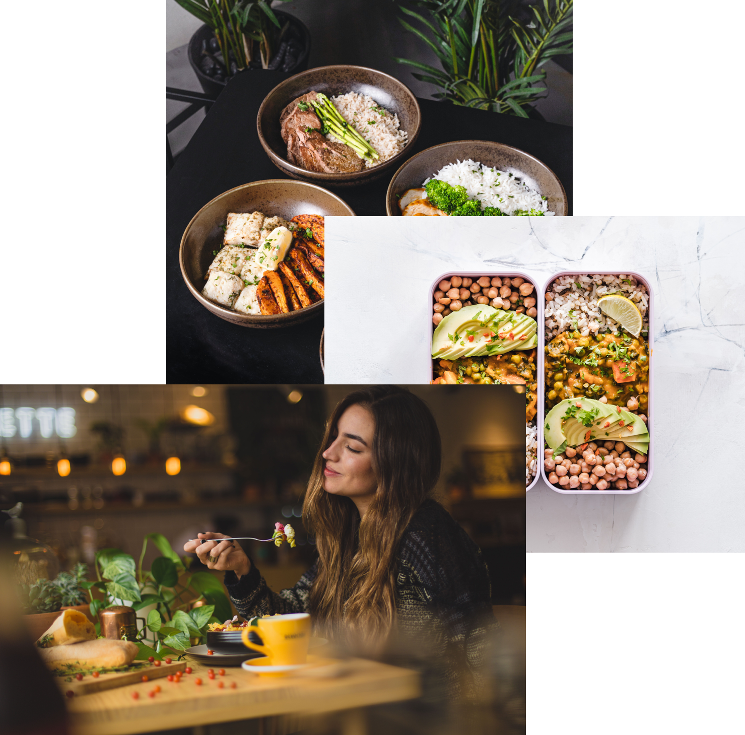 woman enjoying food, meals in storage container, and food bowls on the table